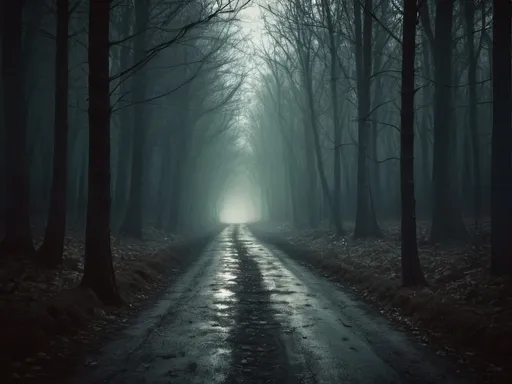 Prompt: weathered road in woods, dark fantasy style eerie atmosphere