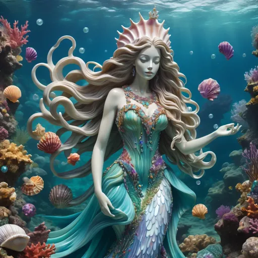 Prompt: Underwater statue of a undersea queen wearing a sea shell inspired dress, flowing hair, covered in gems, colorful, 