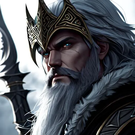Prompt: Skyrim: Nordic Warrior Mage Lorkhan, Trickster-God-King of Humankind drawn in the style of the elder scrolls concept art, accentuated with thick outlines and shading, bold, dynamic, 8k, intricate details, close up headshot, dim lighting