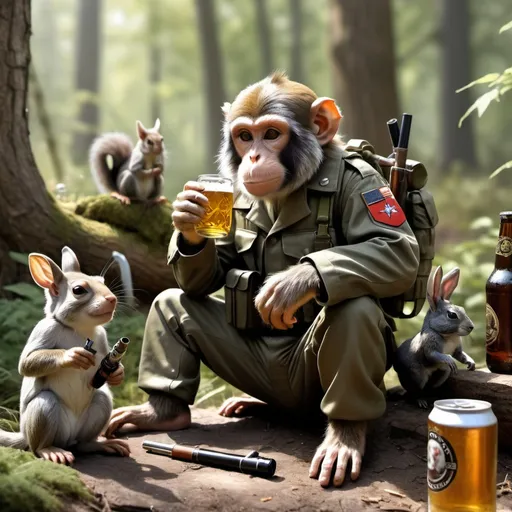 Prompt: Photorealistic woodland scene of a monkey, squirrel, and rabbit in military combat gear, carrying weapons, drinking beer, rabbit smoking a pipe, monkey smoking a cigarette, sunny, high quality, photorealism, military combat gear, woodland setting, detailed animals, beer cans, smoking pipe, sunny lighting