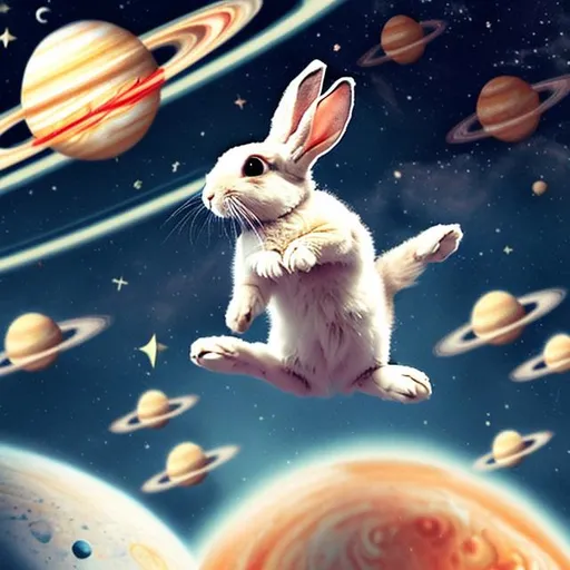 Prompt: bunny flying through outer space with Jupiter 