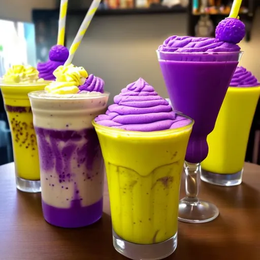 Prompt: Donatoinklinggamer Yellow Milkshake And purple grimace shake 