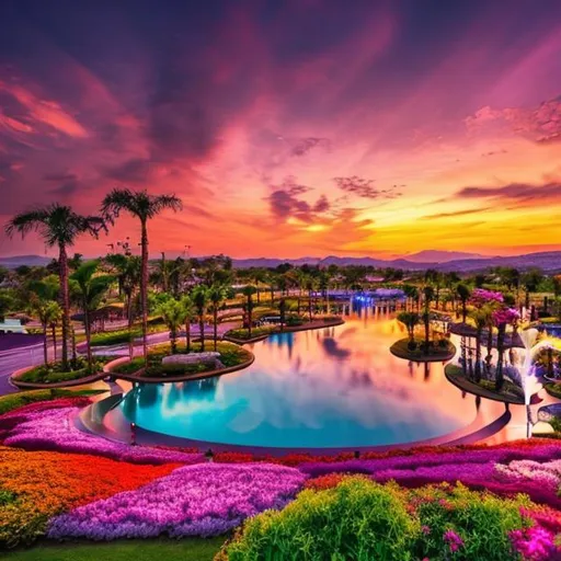 Prompt: A beautiful landscape of nature and the sunset with flowers and fountain valley 
