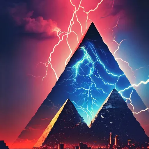 Prompt: aesthetics, cool, buildings with lightning in the background, scan lines, Illuminati, pyramid with eye, 80s, 90s, epic, 