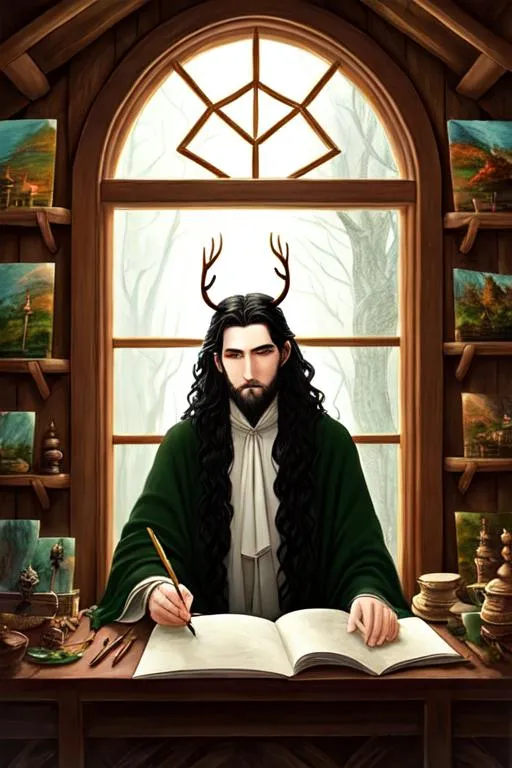 Prompt: pale, Wizard man with black hair looking sad,  center parted wavy hair, antlers, dark green eyes, fantasy, making a painting, painter, in a cozy cottage