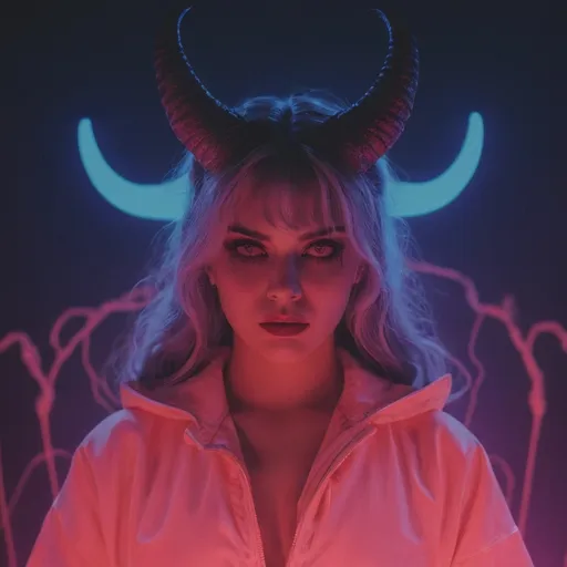 Prompt: beautiful female demon, hell, demonic, vaporwave, retro, neon, aesthetic, liminal, high quality, high definition, beautiful, dramatic lighting