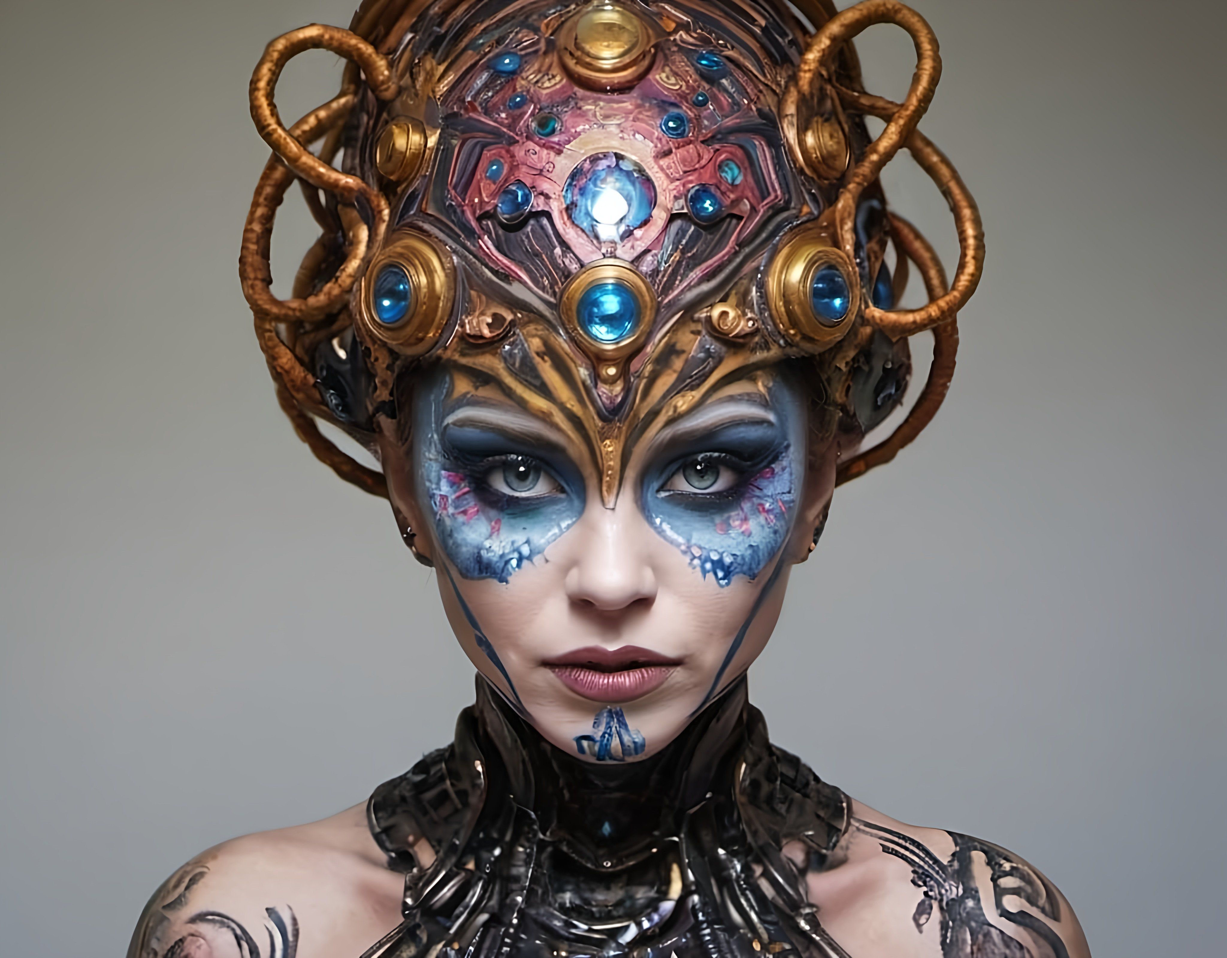 a woman with a weird mask and elaborate makeup looks...