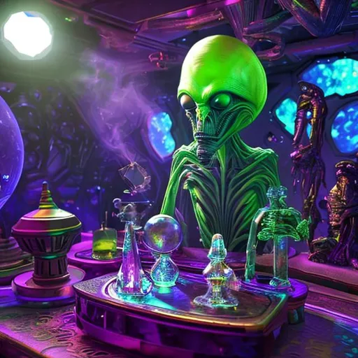 Prompt: overhead lighting, alien smoking a crystal bong,  fancy table , in an exotic space cantina