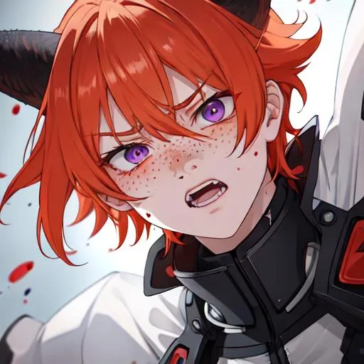 Prompt: Erikku male adult (short ginger hair, freckles, right eye blue left eye purple) UHD, 8K, Highly detailed, insane detail, best quality, high quality,  anime style, in purgatory, angry, fighting, covered in blood