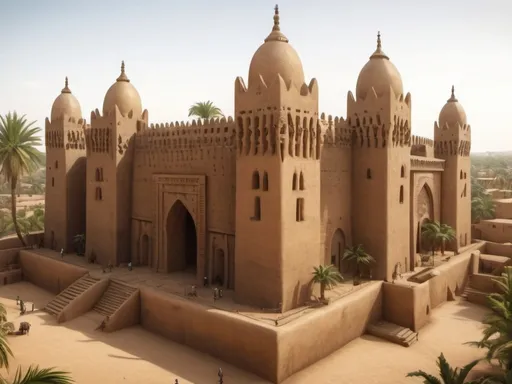 Prompt: Fantasy Illustration of the great mosque of Djenné in Mali, entire structure, garden with a well and palms, birdview, immersive world-building, high quality, detailed, epic scale, fantasy, game style, vibrant colors, atmospheric lighting, ancient african city background