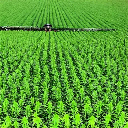 Prompt: Draw a large lush hemp crop with a combine cultivating it. 