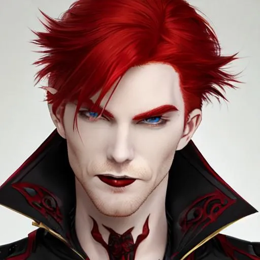 Prompt: Red haired male Vampire smirking