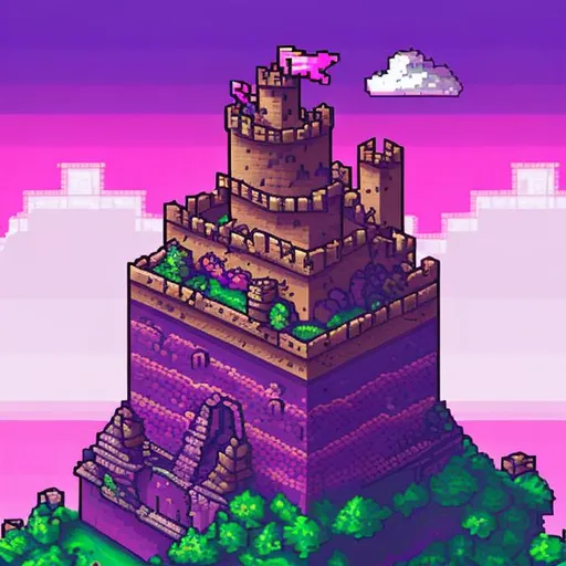 Prompt: a stone fortress with magenta sky pixel art