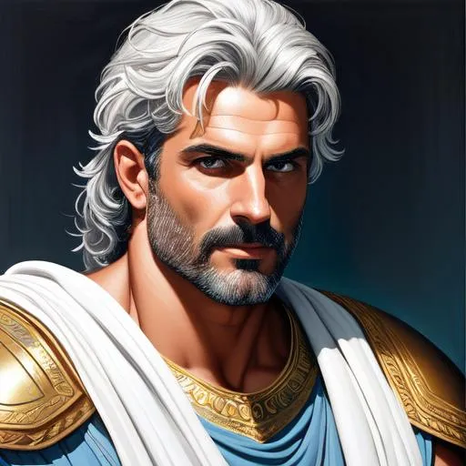 Prompt: Face Portrait of a epic character male forty-year-old greek hero,  bodybuilder physique, grey unruly hair, tanned capri-pants armour "authentic roman greek clothes"  "white tunic" oil painting style, Sparth style, Caravaggio Style, high quality, masterpiece,  highres, beautiful, handsome, biceps, UHQ  oil on canvas, cyan and brown, neon, inksplatter, acrylic painting, dynamic pose, belts,
sandals, architecture background, dramatic lighting, divine proportions 