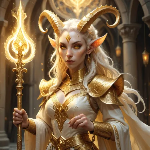 Prompt: Female tiefling cleric, ethereal charm, white skin, adorned in majestic gold clothes that shimmer with divine grace, holding a striking gold staff with intricate designs, surrounded by a mystical, celestial aura, soft light illuminating the scene, ethereal atmosphere, HD quality, fantasy realm backdrop with arcane symbols fading into the background.