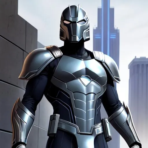 Prompt: Whole body, Full figure. a Kree male soldier in grey spandex. He wears a imperial helmet . DC comics art, Marvel Comics art, Image comics art. Well draw face. Deatiled