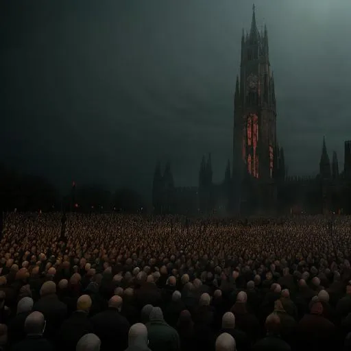 Prompt: A large gathering of people all screaming in terror and agony, eerie lighting,