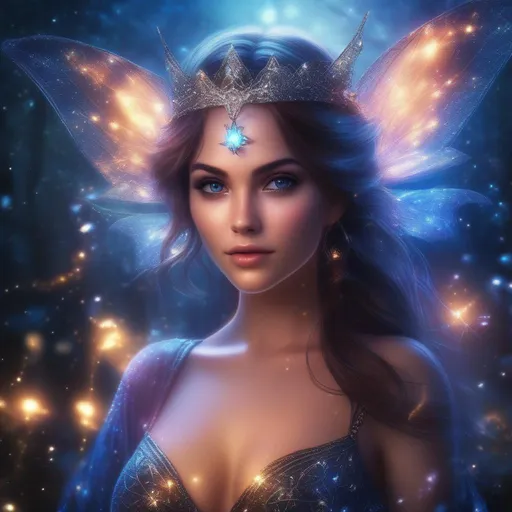Prompt: hyper realistic, beautiful, stunningly full body form of a bright eyed, buxom woman, a fairy Witch, in a glowing, sparkly, sheer, skimpy outfit on a breathtaking night with flying sprites around.