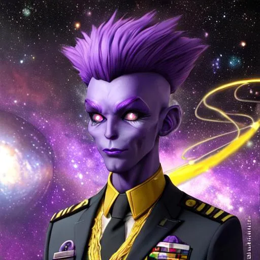 Prompt: A high quality alien man with purple skin and purple hair and yellow eyes, wears a uniform, surrounded by stars, a golden string dances around him, science fiction, beautiful, colorful, handsome, photorealistic face