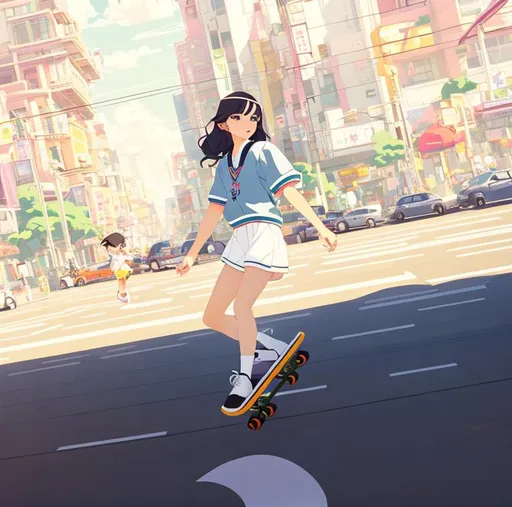 Prompt: flat vector art, woman wearing flower shorts and high socks skateboarding city,beautiful anime style woman, flat color, clean detailed faces, intricate clothing, analogous colors, glowing shadows, beautiful gradient, depth of field, clean image, high quality, high detail, high definition, cute face, 8k resolution, concept art, Amanda Sage, staring at the sky, 4k, trending on artstation, pixiv, perfect detailed, bright colors, Sunny, Daylight