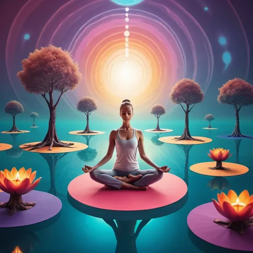 Prompt: Surrealistic clipart of serene yoga poses, floating meditation, abstract yoga mats, vibrant and dreamlike, high quality, surrealism, clipart, yoga poses, meditation, floating, abstract, vibrant colors, dreamlike, serene, peaceful atmosphere, surreal lighting