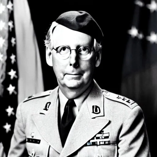 Prompt: Famous Photo Realistic Portrait of idiotic senate majority leader Mitch McConnell cosplaying as a Mitch McConnell wwii soldier in 1944, world war II, historic photo, 1940’s, veteran