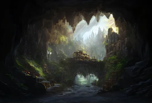 Prompt: D&D, underground cave town,  dnd
realistic 4k, no sky