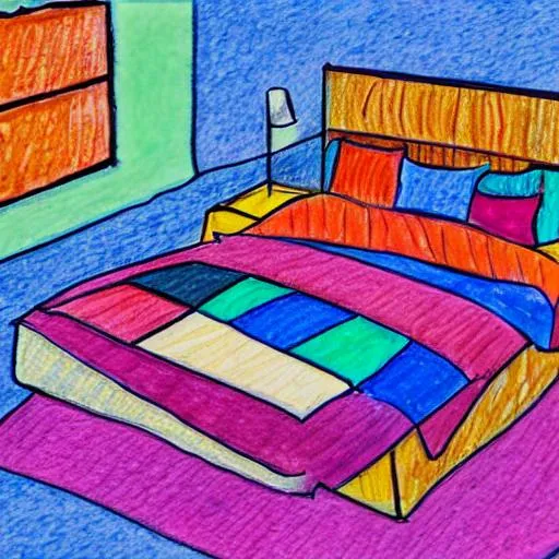Prompt: a colorful drawing of a bed, that is in the middle of the woods, with solid colors
