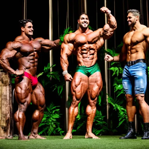 Prompt: A 30 foot tall bodybuilder, a six-footer  model, and fairy 