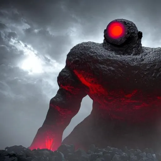 Prompt: Creepy black cyclops rock golem with red glaring eyes 4K good quality 
