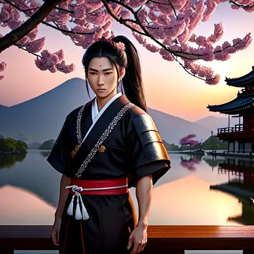 Prompt: Young Samurai with long black hair and ponytail, wearing samurai armor, standing in a Japanese temple, cherry blossom petals falling, illuminated lanterns, glowing sunrise, tranquil lighting, ethereal lighting, delicate shadows, ((beautiful detailed eyes, symmetrical eyes), dramatic lighting, (photorealism:1.5), (photorealistic:1.4), (8k, RAW photo, masterpiece), High detail RAW color photo, a professional photo, realistic, (highest quality), (best shadow), (best illustration), ultra high resolution, highly detailed CG unified 8K wallpapers, physics-based rendering, photo, realistic, realism, high contrast, hyperrealism, photography, f1.6 lens, rich colors, hyper-realistic lifelike texture, cinestill 800)