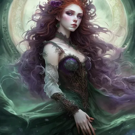 Prompt: Detailed and mystical portrait of a young beautiful witch with ivory clear skin, long red fiery hair and deep purple eyes. Charming pose, gorgeous green dress, Beautiful female body, frontal pose, Perfect  anatomy, night light, dramatic, magical, fantasy, 8k, high detailed, dramatic light