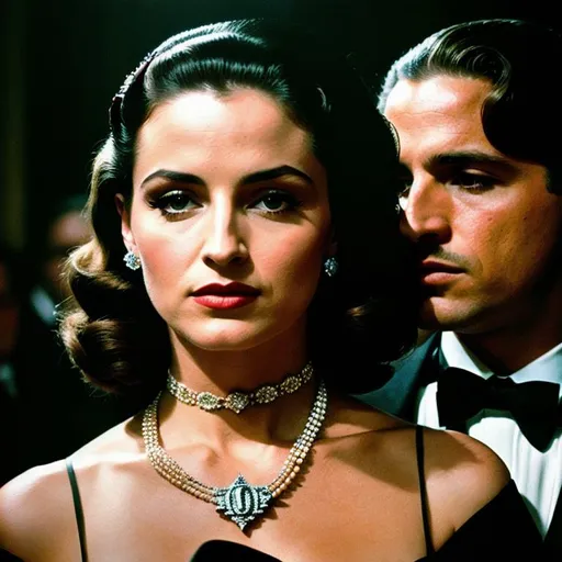 Prompt: Flawless cinematic still photography, dramatic lighting, dark color palette, Gucci fashion, dark aesthetic, Caucasian woman, award winning cinematography, old Hollywood, glam, zeiss lens, luxury, diamond jewelry, retro, grainy, still photo from The Godfather movie
