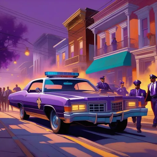 Prompt: Saints Row, car chase, cops, cartoony, purple atmosphere, extremely detailed painting by Greg Rutkowski and by Henry Justice Ford and by Steve Henderson