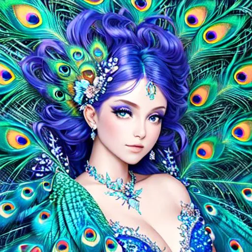 a fairy goddes with peacock feathers, vivid colors o...