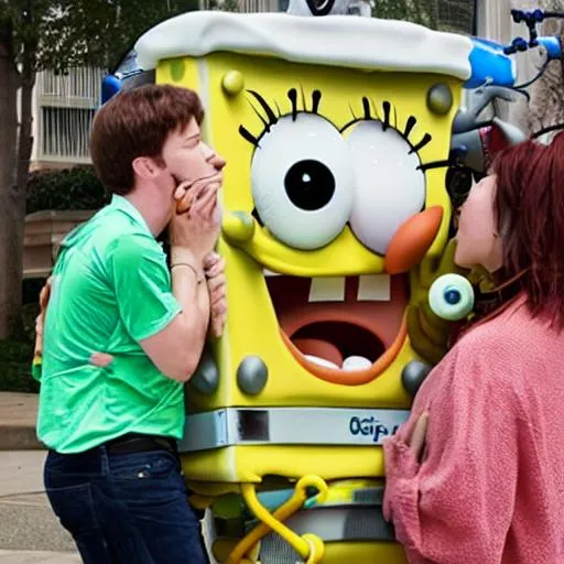 Prompt: spongebob kissing robot
