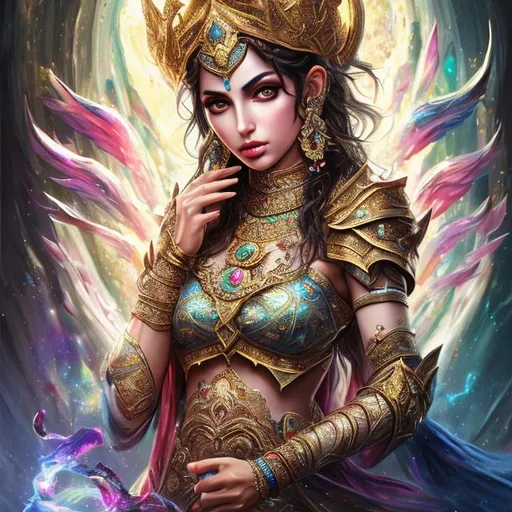 Prompt: High-resolution hyper realistic painting of {iranian good fortune goddess } [ashi] , uhd, hdr, 64k, epic scene, crown, upper body, sharp edges, bejeweled armor, crystal hair, rainbow eyes