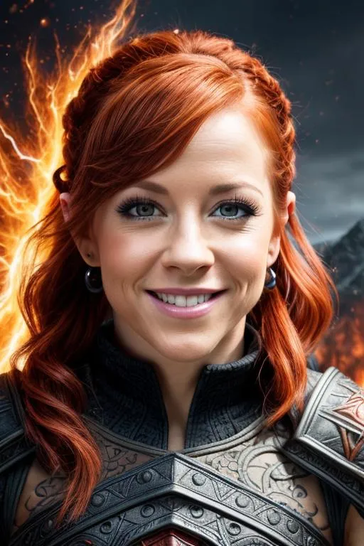 Prompt: a close-up portrait Lindsey Stirling, age 35, red hair pulled back, blue eyes, big cute smile, skyrim fire mage armor, intricate detail, high quality, flaming lightning background, intricate detail, high quality, high detail, masterpiece, intricate facial detail, high quality, detailed face, intricate quality, intricate eye detail, highly detailed, high resolution scan, intricate detailed, highly detailed face, Very detailed, high resolution