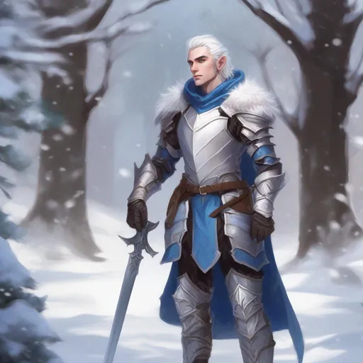 Prompt: DND a male elf with medium fluffy white hair and blue eyes wearing plate armor in a snowy park