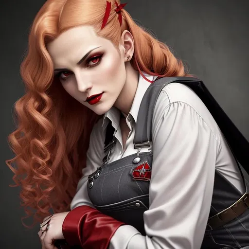 Prompt: Female vampire inspired by Alucard from Hellsing, Clan Gangrel, her fingertips end in claws, 1950's riveter, wearing overalls and work clothes, ({short curly blonde hair} with red highlights), she is wearing a bandana, she is looking down at the viewer, vampire the masquerade, detailed symmetrical face, attractive face, full body picture, vicious grin showing slightly pointy teeth, side eye, cyberpunk night time style background, well lit by street lights, vampire, 