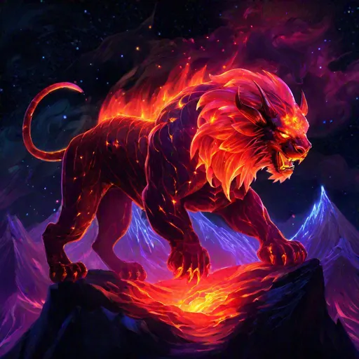 Prompt: A fantasy translucent manticore that is glowing, under a volcano with flowing lava, beneath the stars, bioluminescent, highres, best quality, concept art