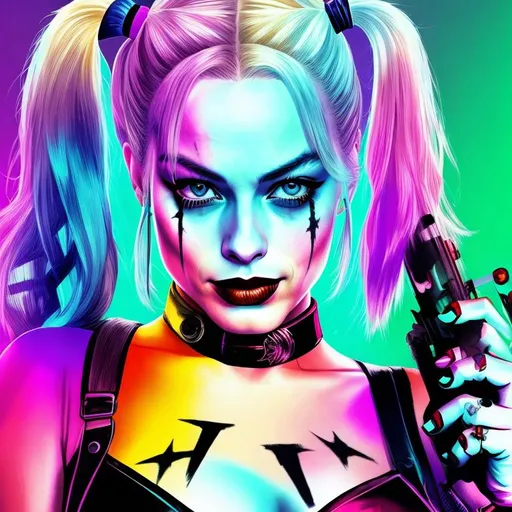 Prompt: Margot Robbie as Harley Quinn in Suicide Squad, movie poster, UHD, Neon Color, digital drawing