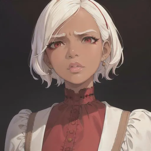 Prompt: (masterpiece, illustration, best quality:1.2), brown skin, frustrated face, detailed eyes, Victorian style, very short trimmed white hair, devilish like white eyes, wearing red nightgown, best quality face, best quality, best quality skin, best quality eyes, best quality lips, ultra-detailed eyes, ultra-detailed hair, ultra-detailed, illustration, colorful, soft glow, 1 girl