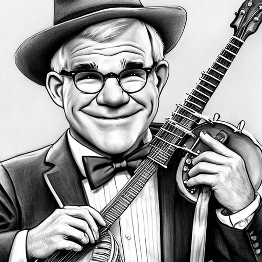 Prompt: Draw a black and white picture of Steve Martin wearing a bowtie and playing a banjo, while singing loudly
