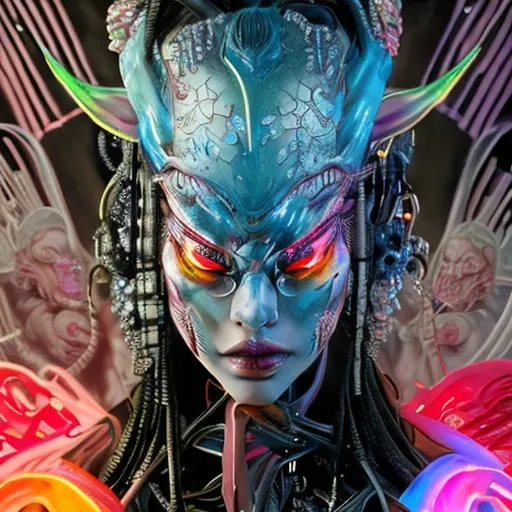 Prompt: Watercolor portrait of a roaring neon hannya with iridescent black markings and a CYBERNETIC hannya face, perfect composition, hyperrealistic, super detailed, 8k, high quality, trending art, trending on artstation, sharp focus, studio photo, intricate details, highly detailed, by greg rutkowski, illustration, watercolor, yuji shinkawa
