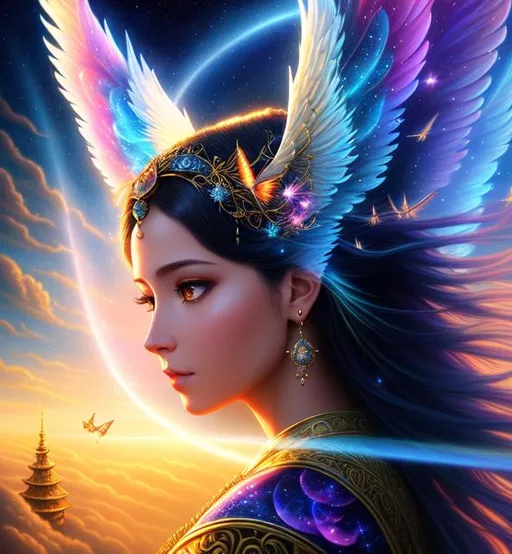 Prompt: painting of air spirit, an intricate and hyperdetailed matte painting by Ekaterina Savic, fantasy art, movie poster, celestial, vaporwave, ethereal, sunshine rays, fireflies, lighting 8k