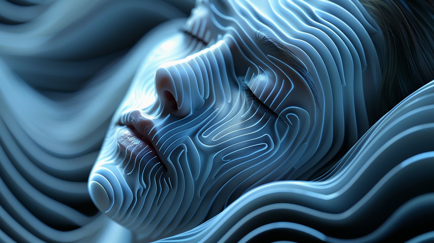 Prompt: person, face with lines, hologram, unsplash, abstract, light through blinds, profile image, the ghosts in the machine, three-dimensional, op, brain, high resolution, shadowed, light silver and dark navy, mind-bending patterns, futuristic robots