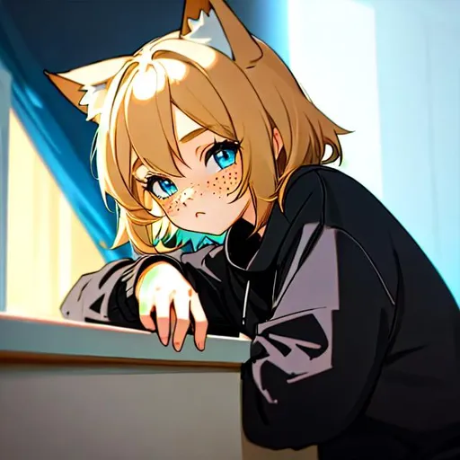 Prompt: girl with short black and blonde hair, with highlights, freckles, light blue eyes, wears a black sweatshirt, cat ears, 19 years old, window background