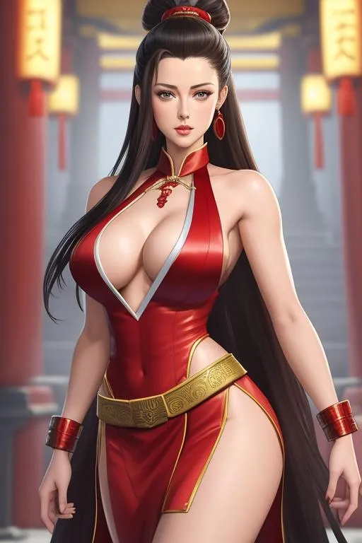 Prompt: Half body portrait of Amber Heard as Mai Shiranui from king-of-fighters , dark hair, blue eyes, full lips, red kunoichi dress, thighs, standing,ancient temple, centered, perfect anatomy, 16K, highly detailed, intricate detailed, smooth, sharp focused, elegant, illustration, character sheet, perspective, vibrant high contrast , artstation