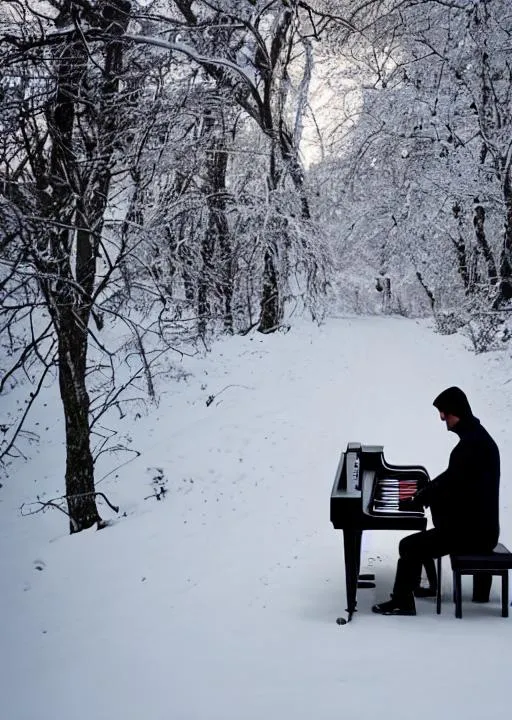 Prompt: Pianist playing piano in winter